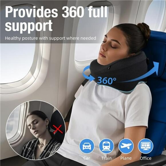 Memory Foam Travel Neck Pillow for Airplane 360 Support Compact Flight Headrest - Picture 2 of 7